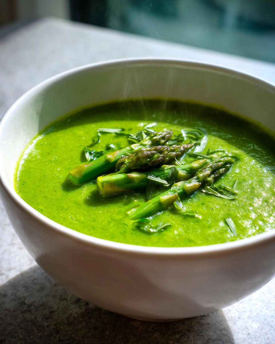 Close-up of a vibrant green bowl of creamy asparagus soup, topped with cooked asparagus tips.