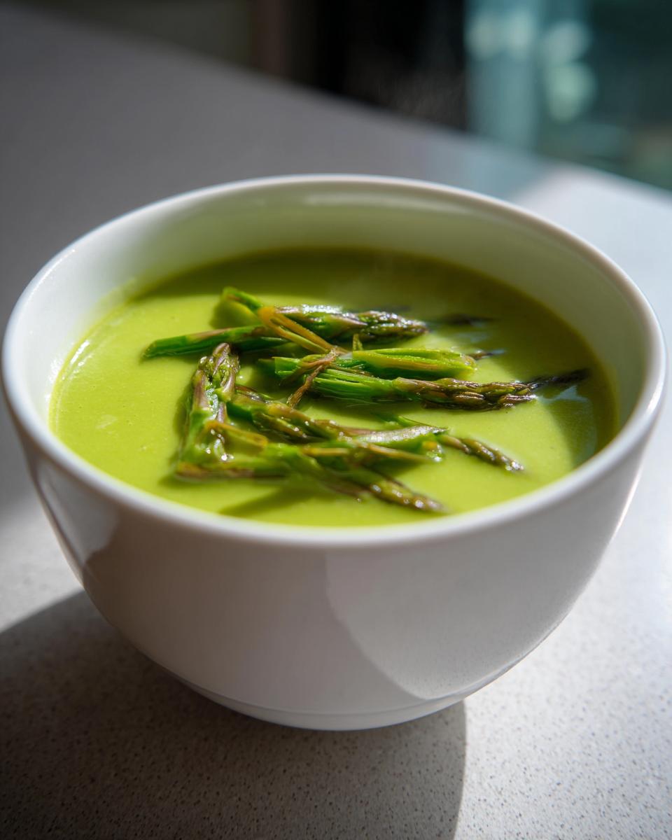 A white bowl filled with bright green, creamy asparagus soup, topped with sautéed asparagus tips.