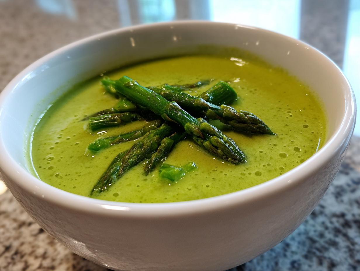 Close-up of bright green creamy asparagus soup topped with whole, tender asparagus spears.