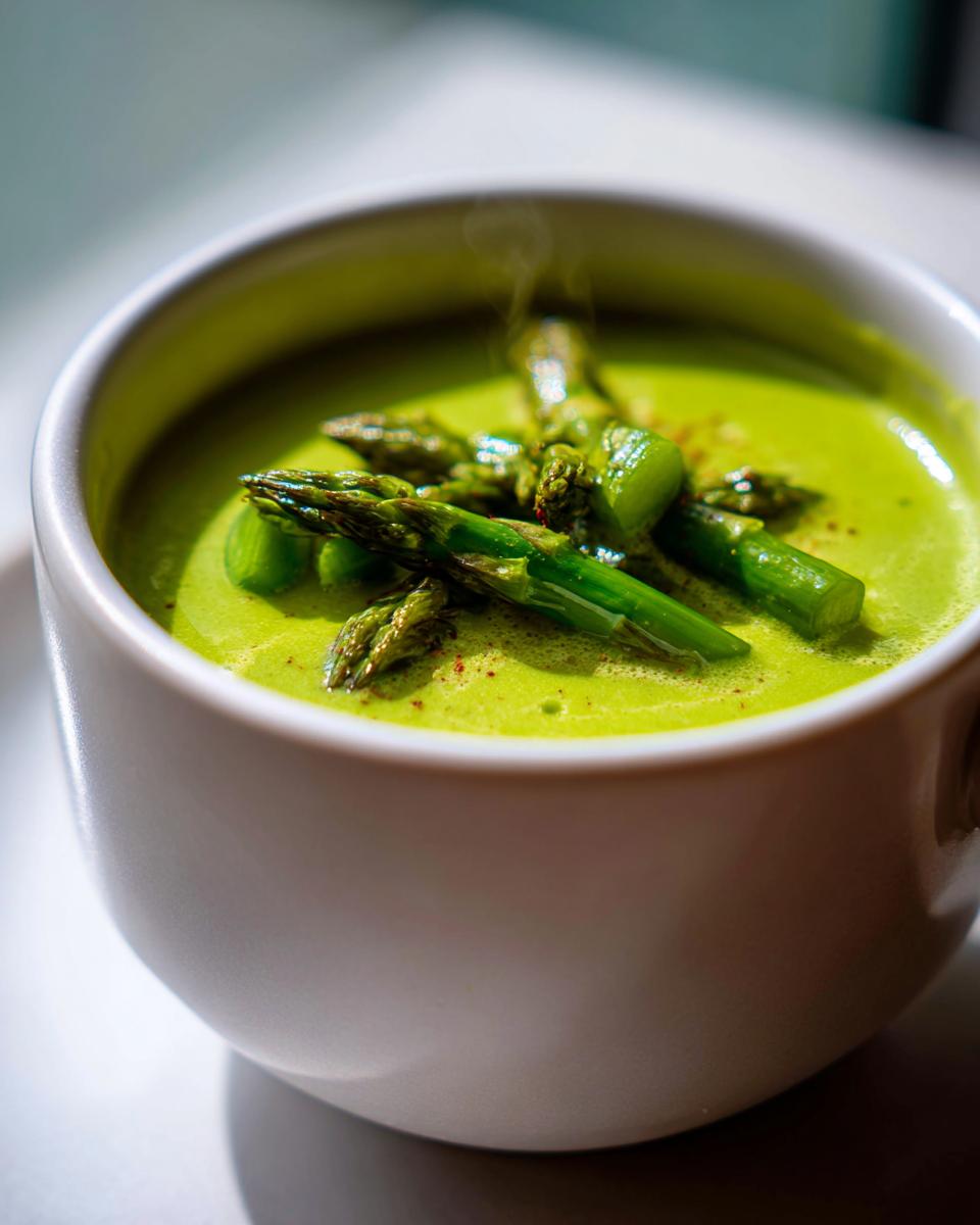 Close-up of a white bowl filled with vibrant green, steaming asparagus soup, topped with whole asparagus tips.