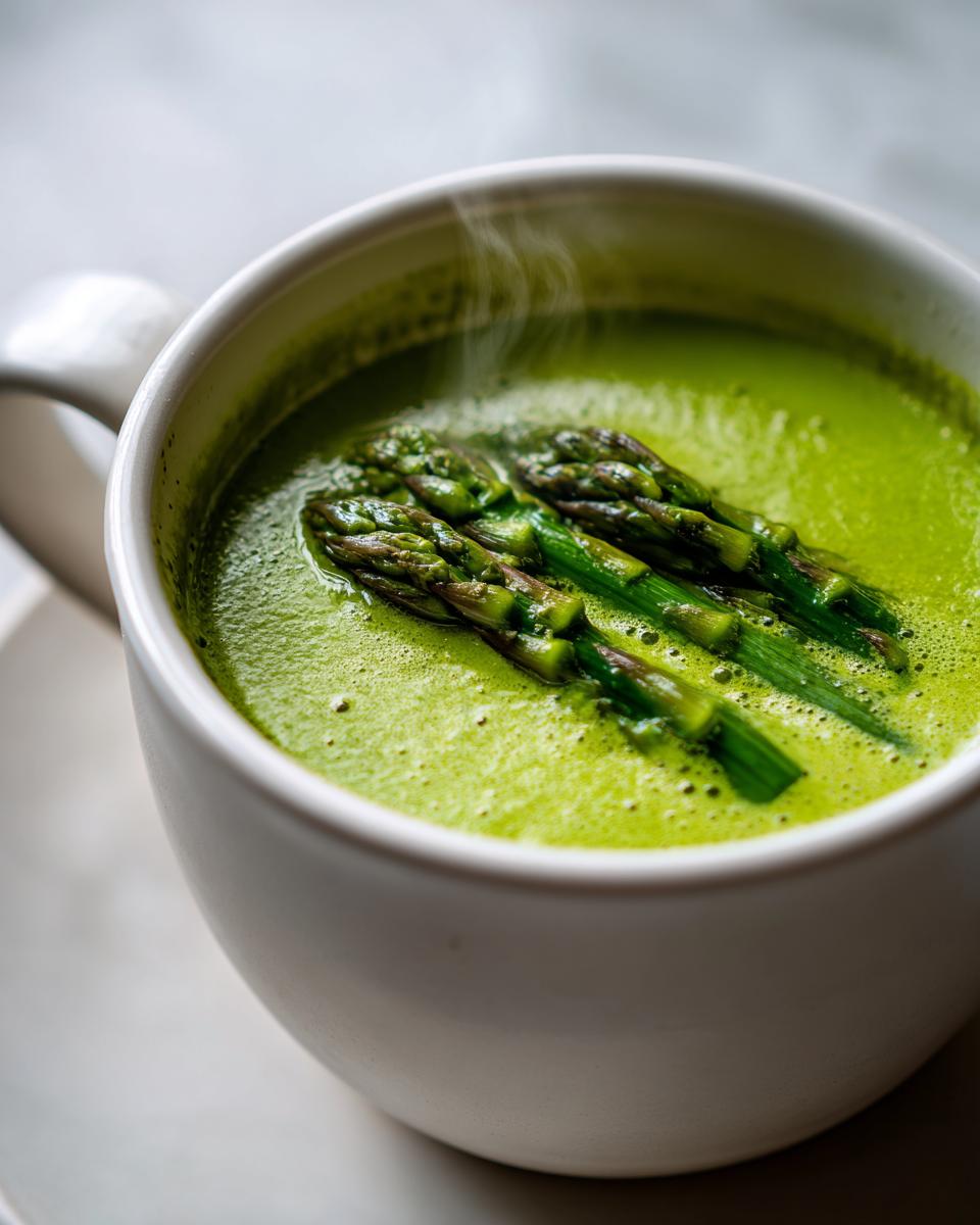 Close-up of hot, vibrant green asparagus soup garnished with cooked asparagus spears.