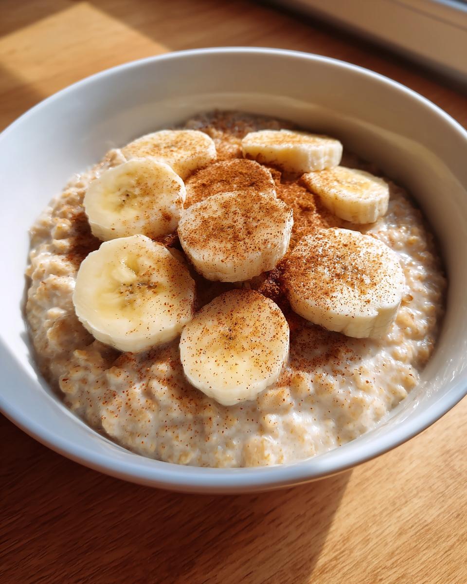 A close-up of creamy banana oatmeal topped with sliced bananas and a sprinkle of cinnamon.