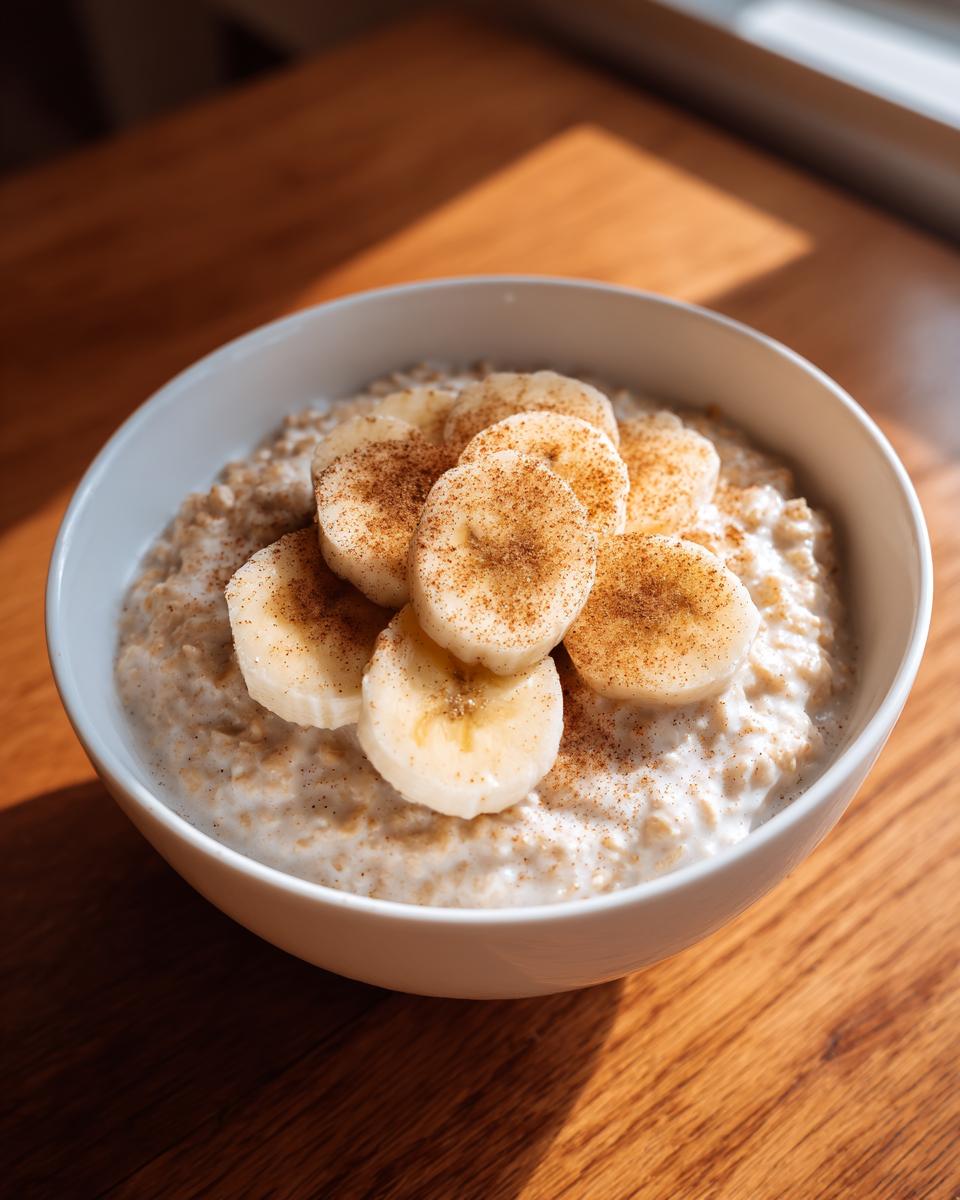 A white bowl filled with creamy banana oatmeal, topped with sliced bananas and a sprinkle of cinnamon.