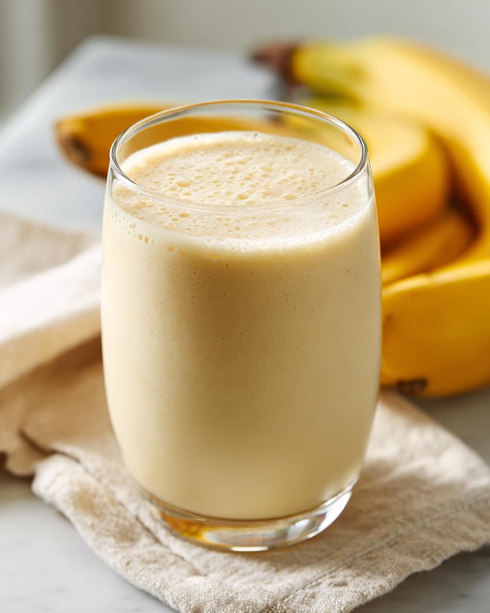 A tall glass filled with a thick, creamy banana smoothie, with fresh bananas blurred in the background.