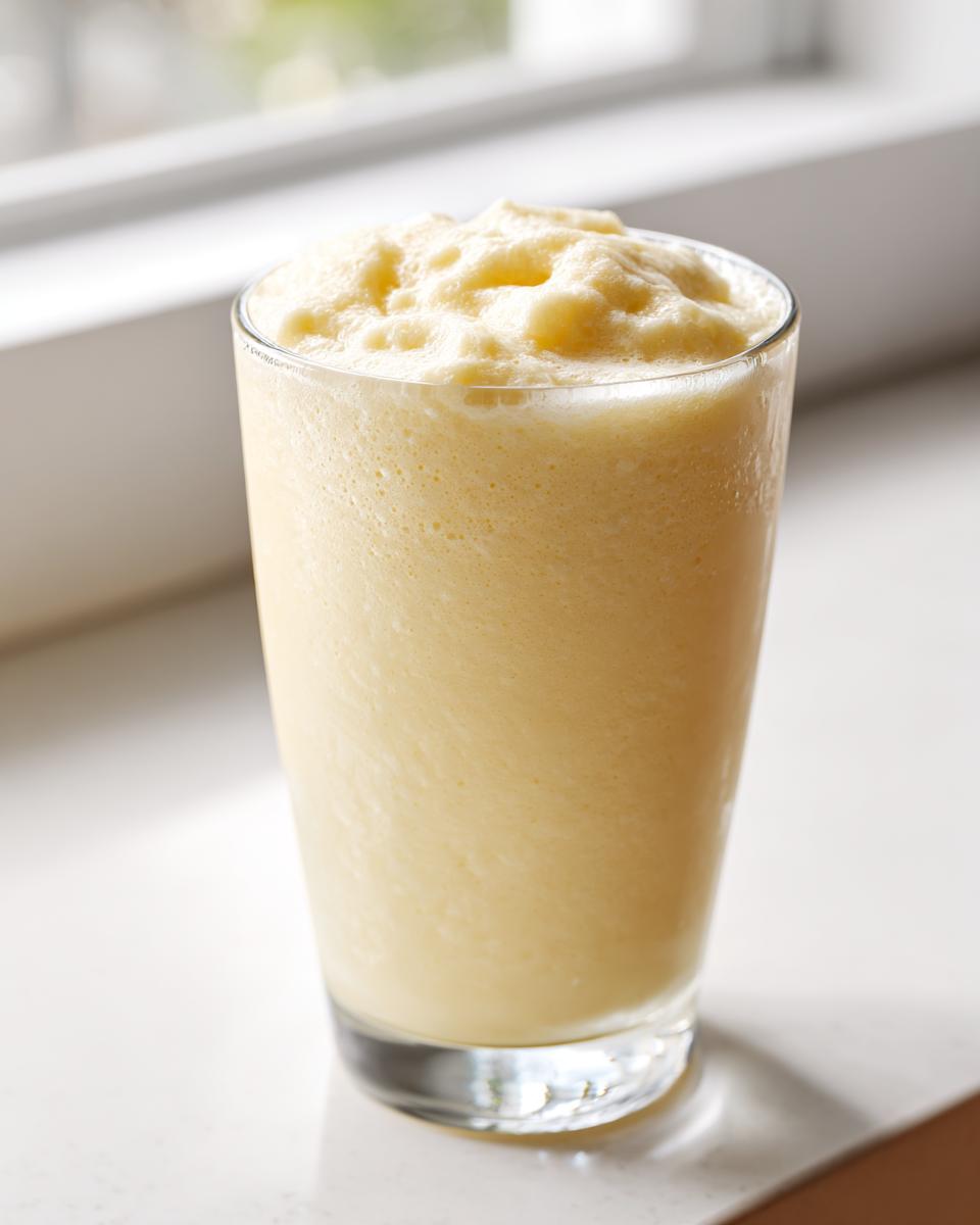 A tall glass filled with a thick, creamy, light yellow banana smoothie with a frothy top.