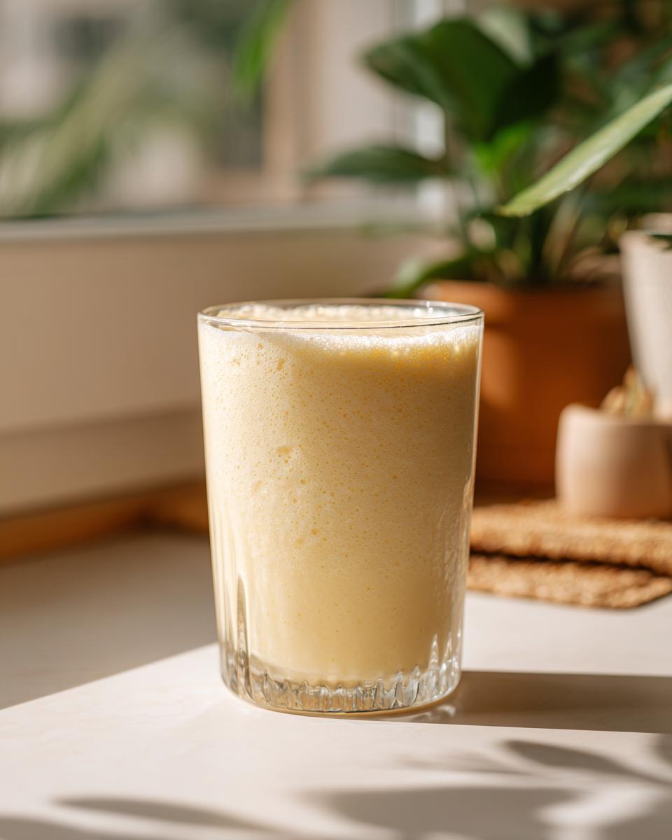 A tall glass filled with a creamy, pale yellow banana smoothie sits on a bright countertop.