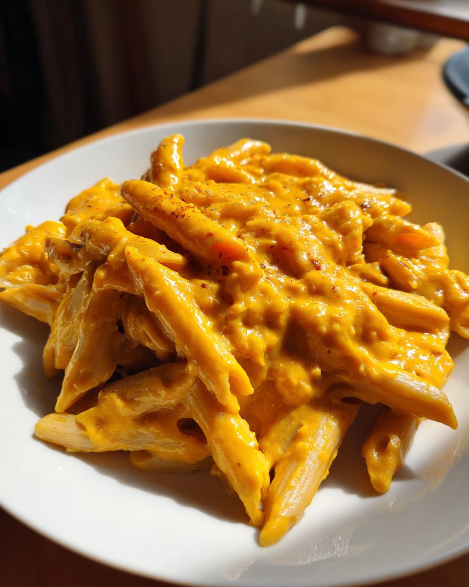 Close-up of penne pasta coated in a rich, orange butternut squash pasta sauce, sprinkled with spices.