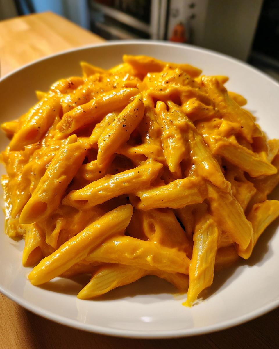 Close-up of penne pasta coated in a rich, orange butternut squash pasta sauce, seasoned with pepper.