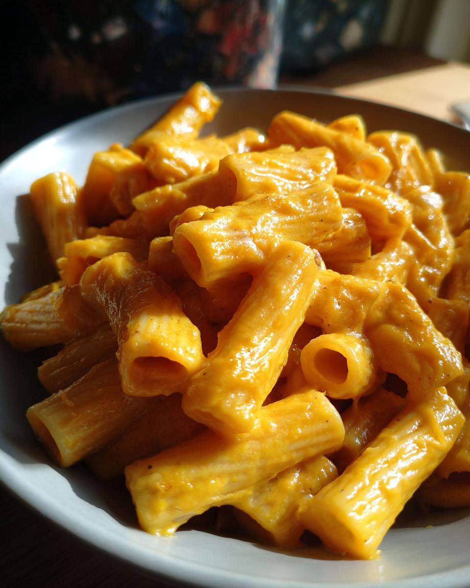Close-up of rigatoni pasta coated in a rich, orange butternut squash pasta sauce, served in a white bowl.