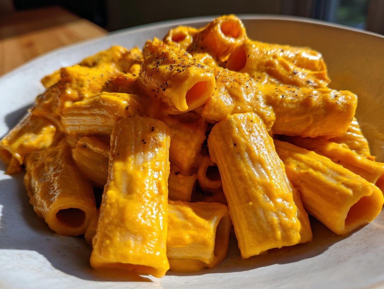 Close-up of rigatoni pasta coated in a rich, orange butternut squash pasta sauce, seasoned with black pepper.