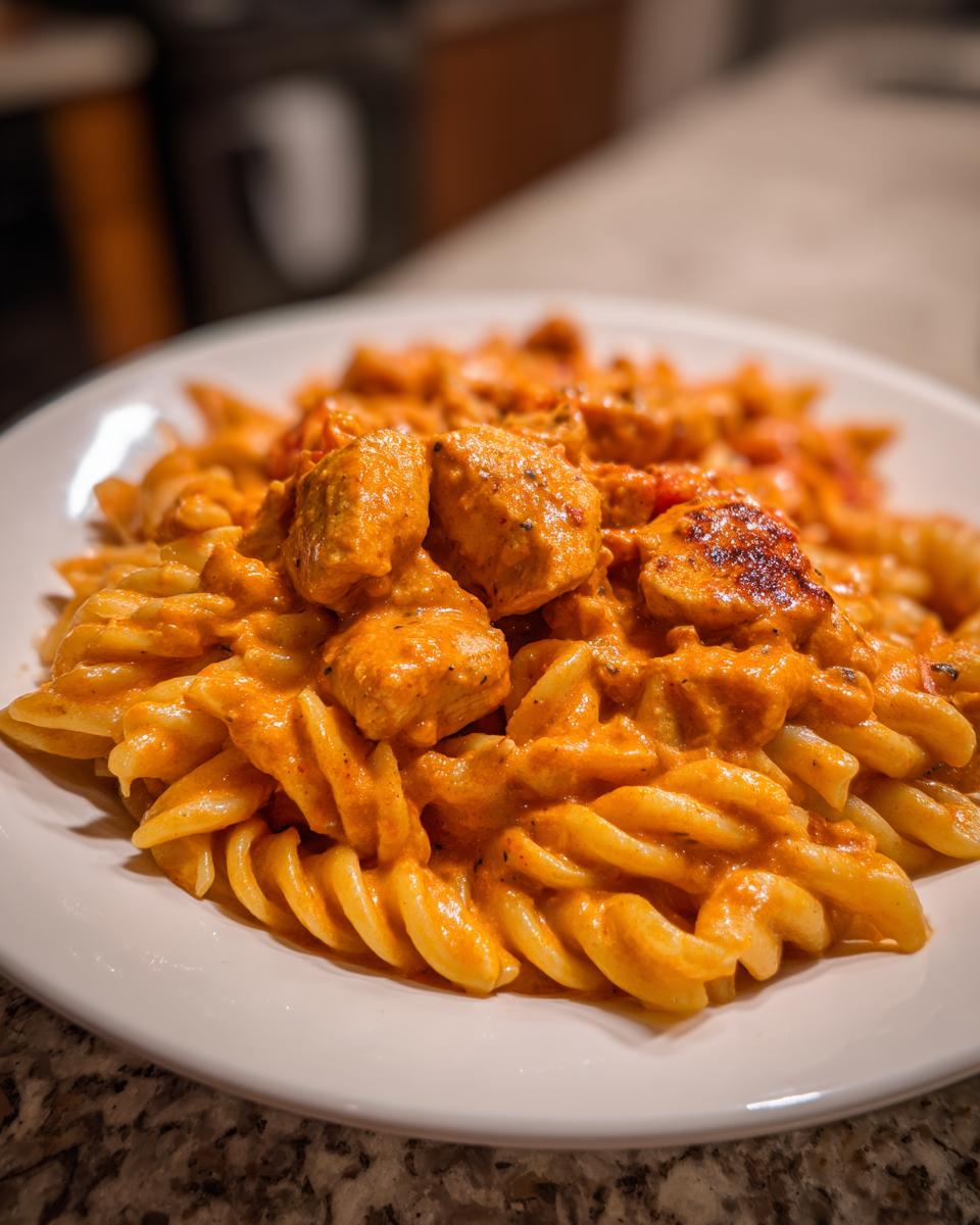 Close-up of creamy, orange-sauced cajun chicken pasta featuring chunks of seasoned chicken and fusilli pasta on a white plate.