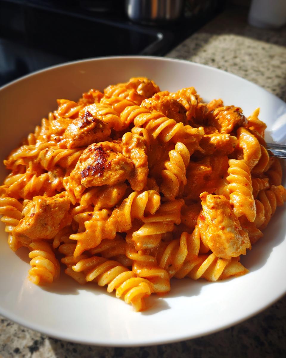Close-up of creamy Cajun chicken pasta featuring rotini pasta and seasoned chicken chunks in a white bowl.