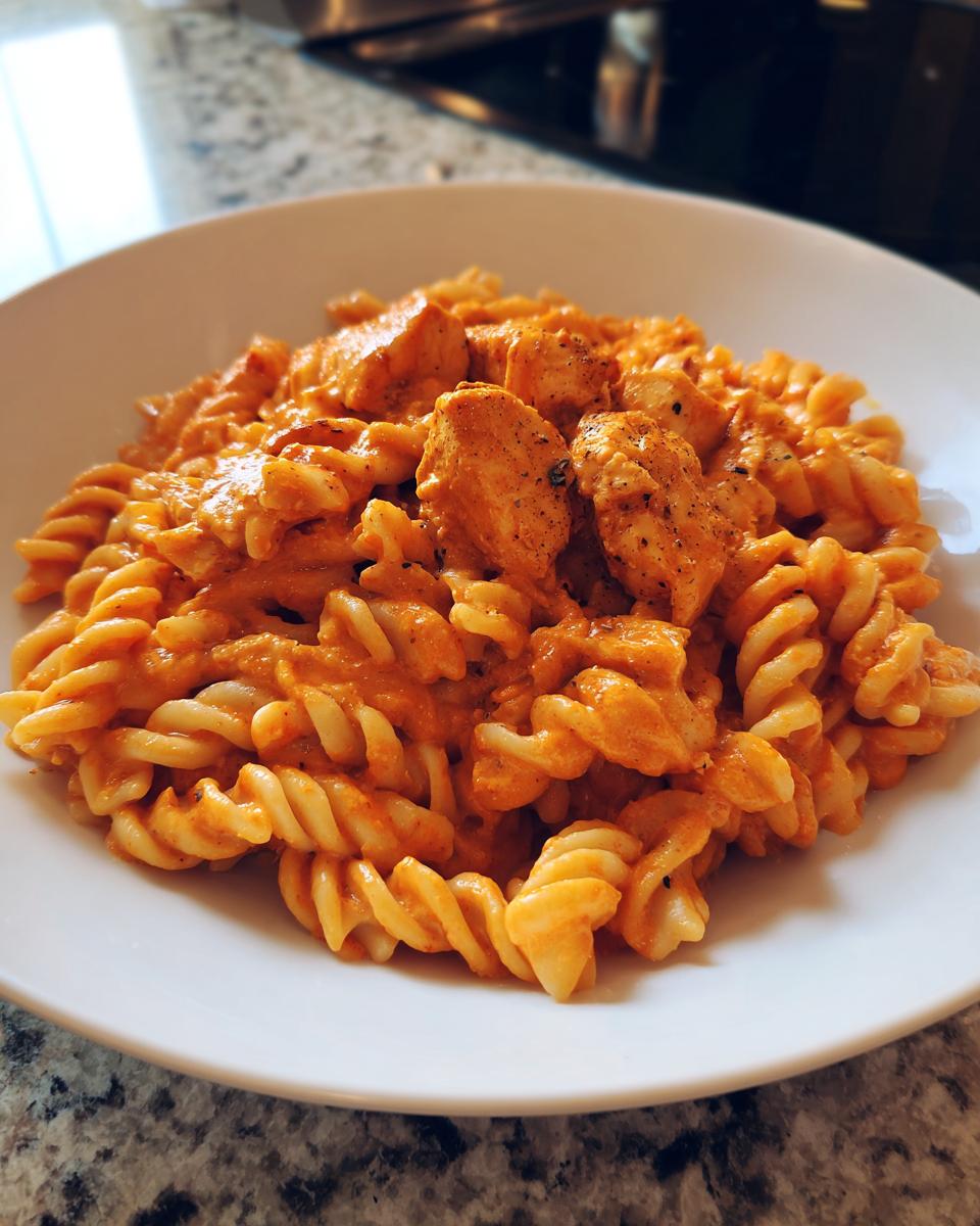 A close-up of creamy Cajun chicken pasta made with fusilli noodles and seasoned chicken chunks on a white plate.