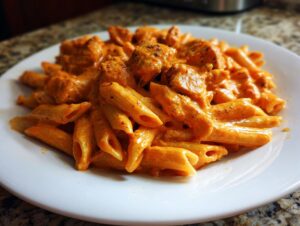 Close-up of creamy, orange-hued cajun chicken pasta featuring penne noodles and chunks of seasoned chicken.