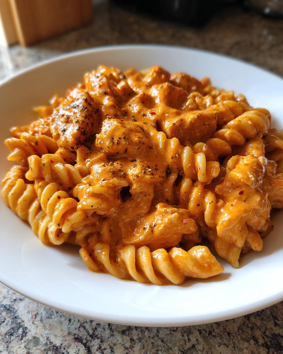 Close-up of creamy, orange-sauced cajun chicken pasta using rotini noodles, garnished with herbs.