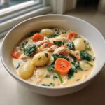 A white bowl filled with creamy chicken gnocchi soup, featuring soft gnocchi, shredded chicken, bright orange carrots, and dark green spinach.