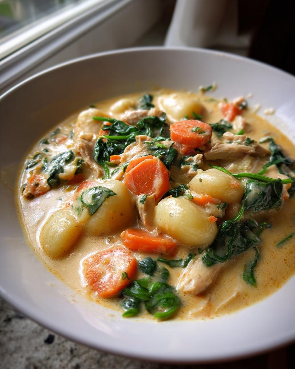 A close-up of a bowl of creamy gnocchi soup filled with tender gnocchi, shredded chicken, bright orange carrots, and dark green spinach.