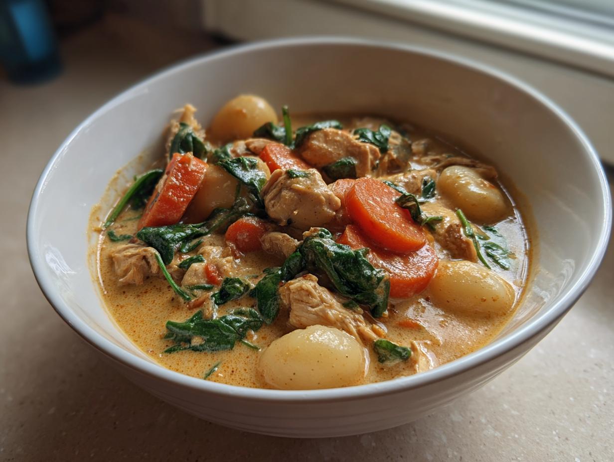A close-up of a hearty bowl of creamy gnocchi soup featuring chicken, sliced carrots, and wilted spinach.