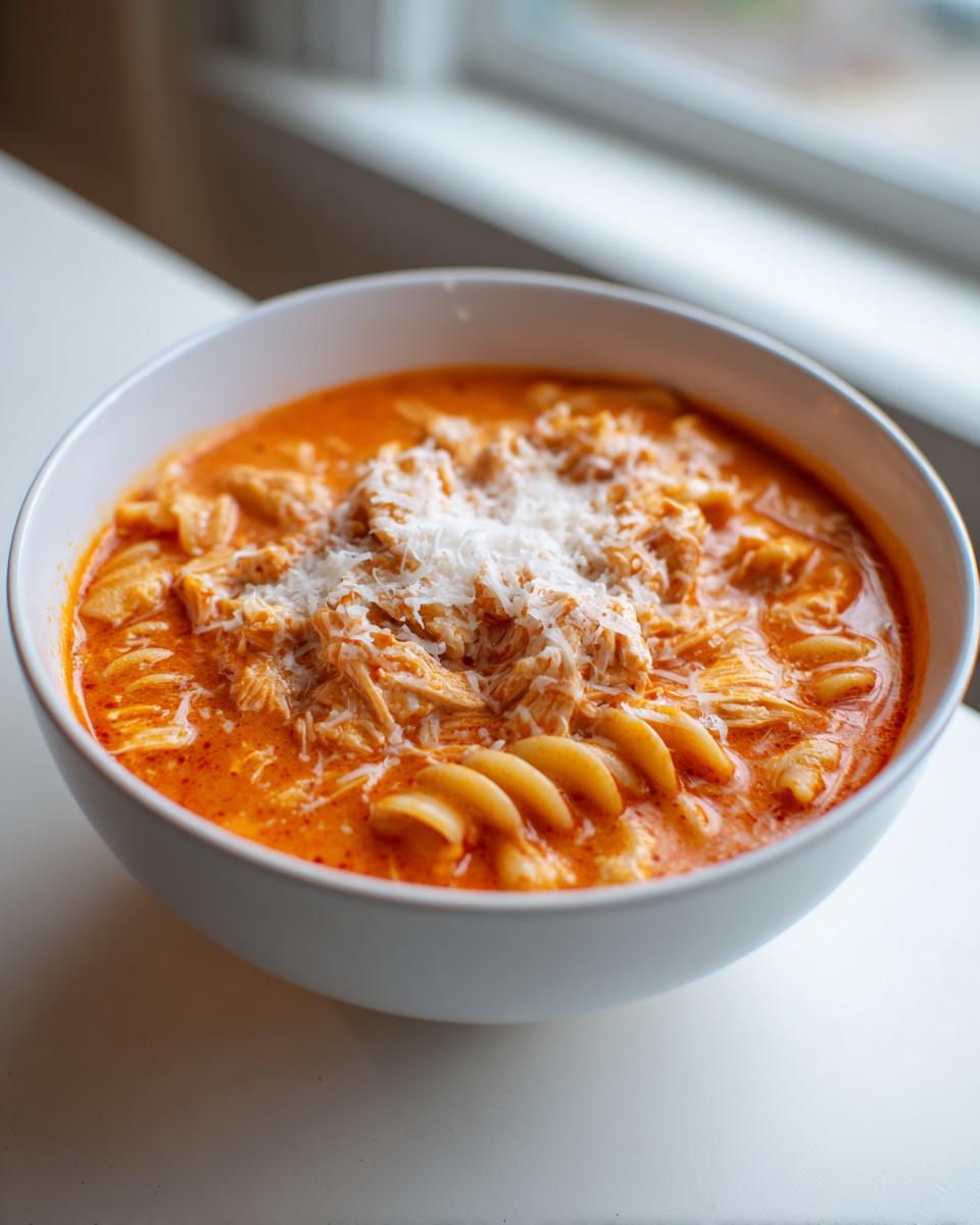 A white bowl filled with creamy, orange-red chicken parmesan soup, featuring shredded chicken, rotini pasta, and topped with grated parmesan cheese.