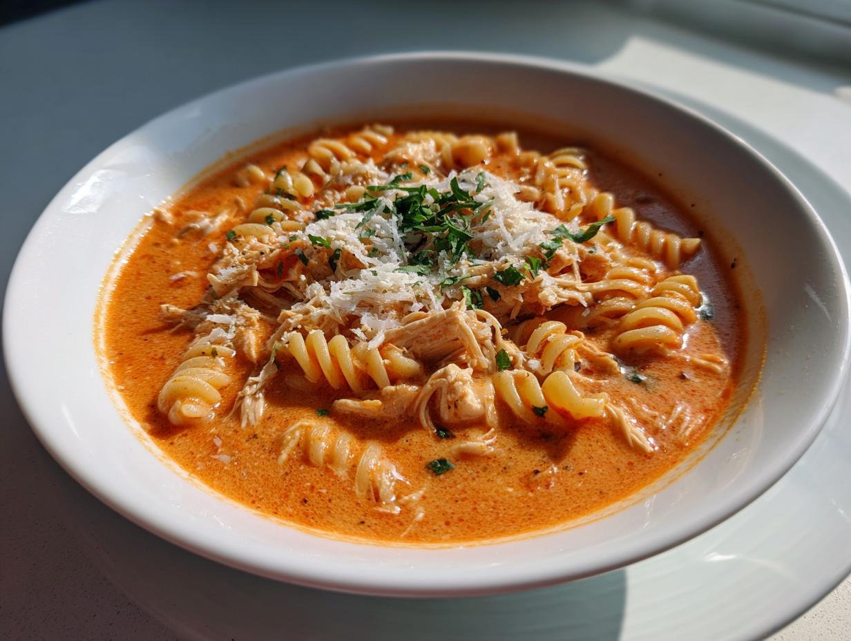 A close-up of a bowl of rich, creamy chicken parmesan soup featuring rotini pasta, shredded chicken, and grated Parmesan cheese.