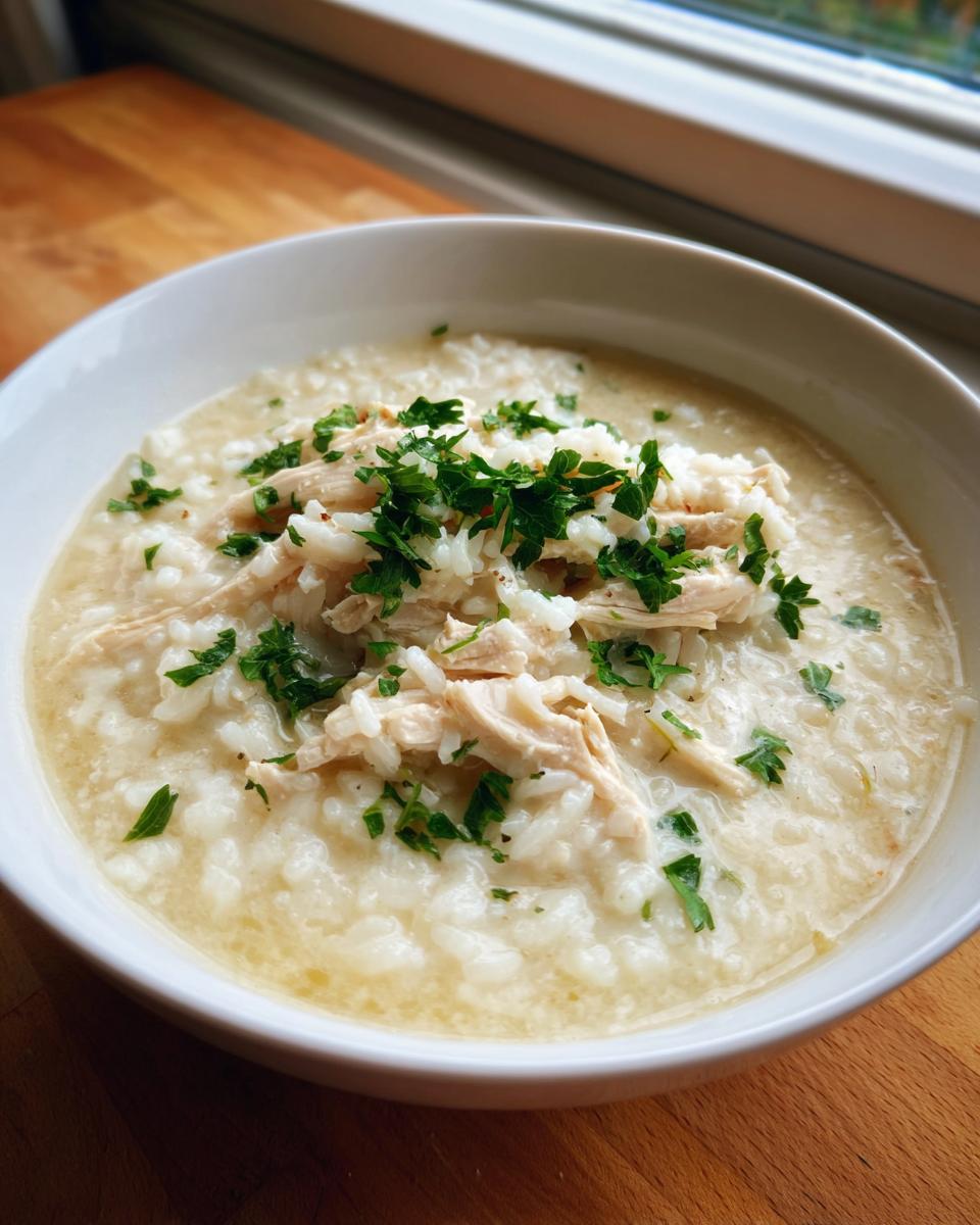 A close-up of creamy rice soup with shredded chicken and fresh parsley garnish, perfect for a comforting rice soup.
