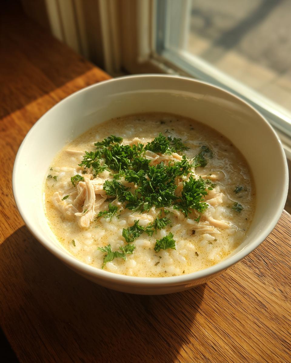 A bowl of creamy rice soup topped with shredded chicken and fresh parsley garnish.