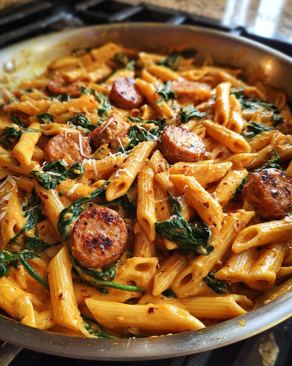 Close-up of creamy chicken sausage pasta with spinach and Parmesan cheese in a stainless steel pan.
