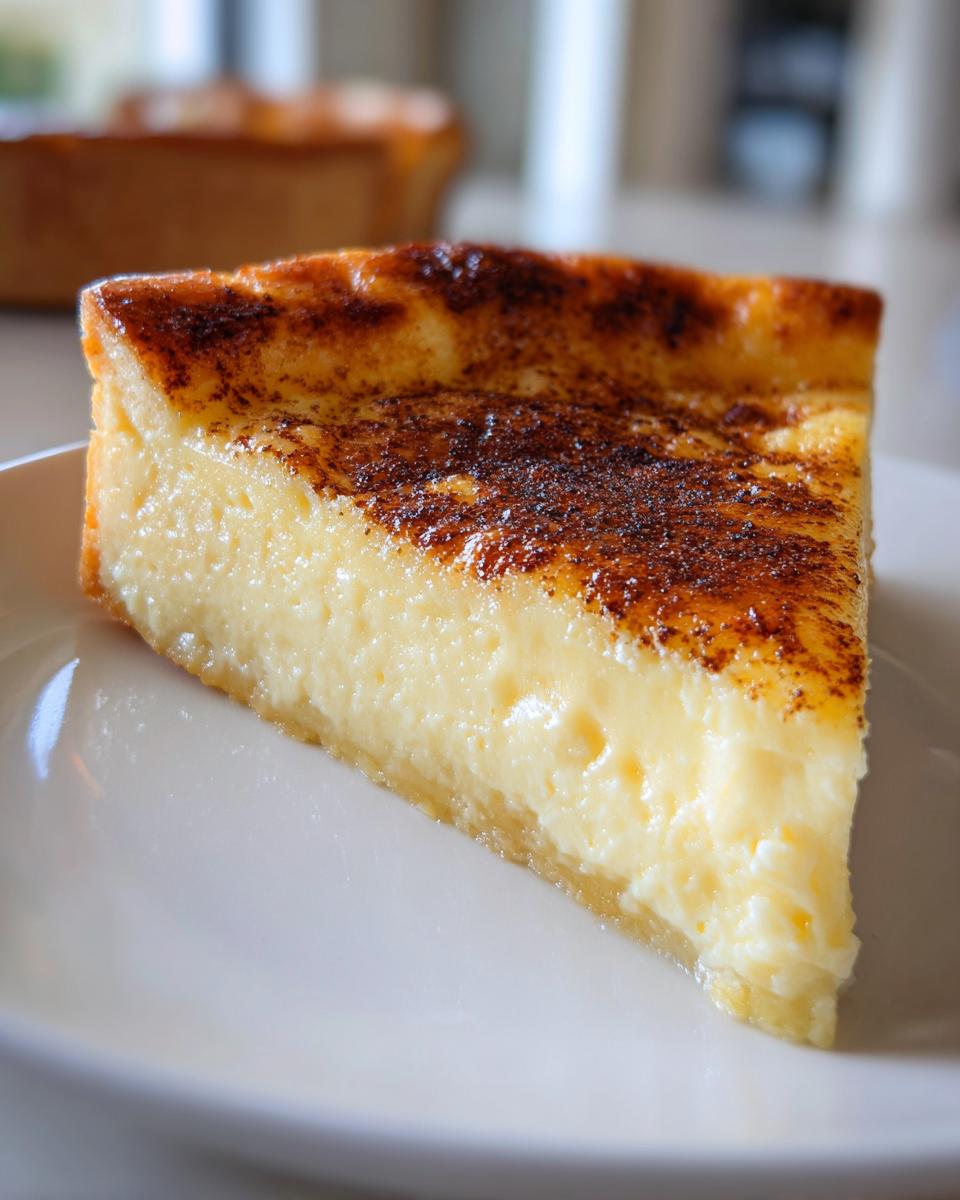 A thick slice of creamy egg custard tart with a perfectly caramelized, dark brown top.