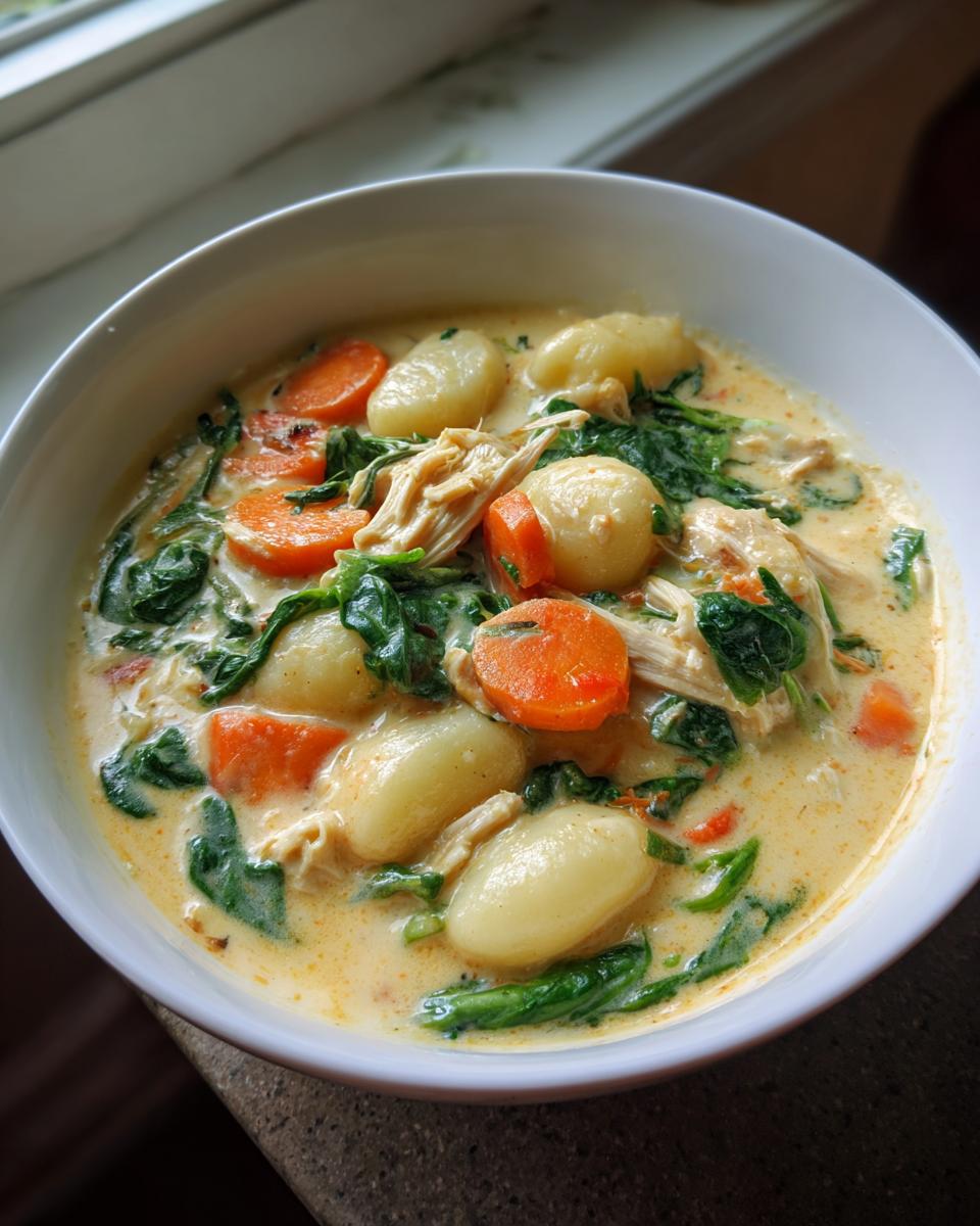 A close-up of a white bowl filled with creamy gnocchi soup featuring soft gnocchi, shredded chicken, bright orange carrots, and dark green spinach.