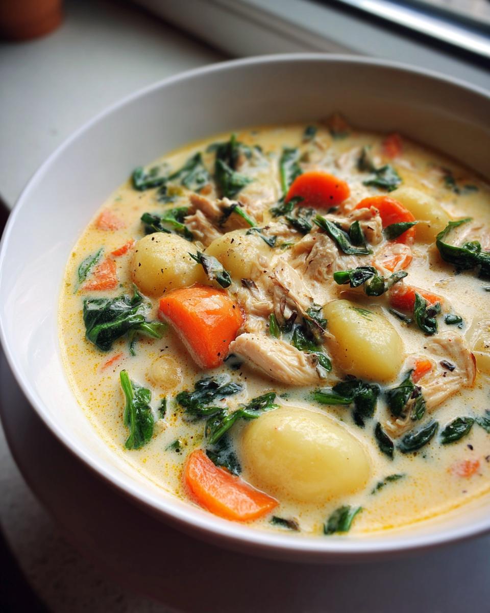 Close-up of a bowl of creamy gnocchi soup featuring tender chicken, bright orange carrots, and dark green spinach.