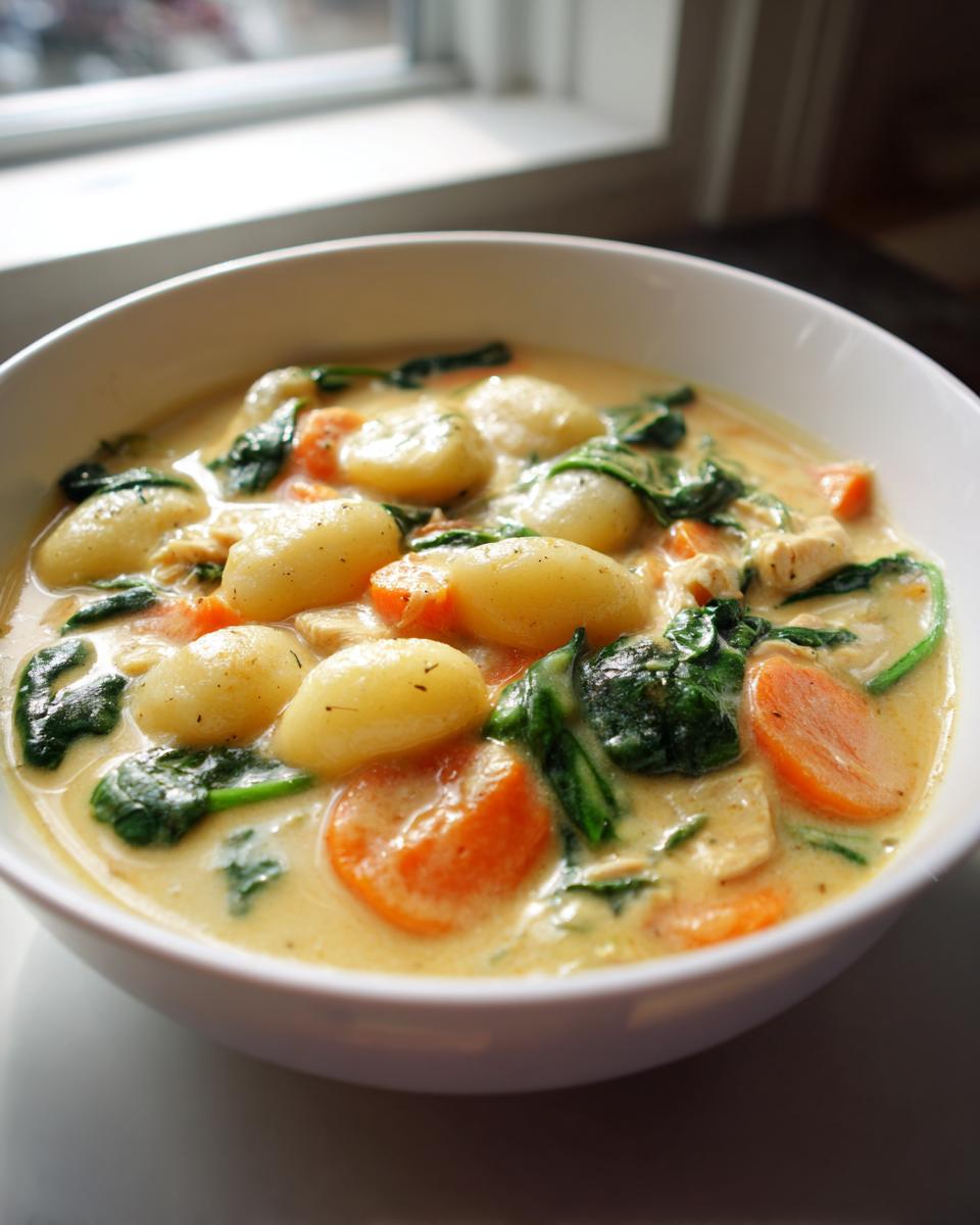 A close-up of a white bowl filled with creamy gnocchi soup, featuring plump gnocchi, sliced carrots, and wilted spinach.