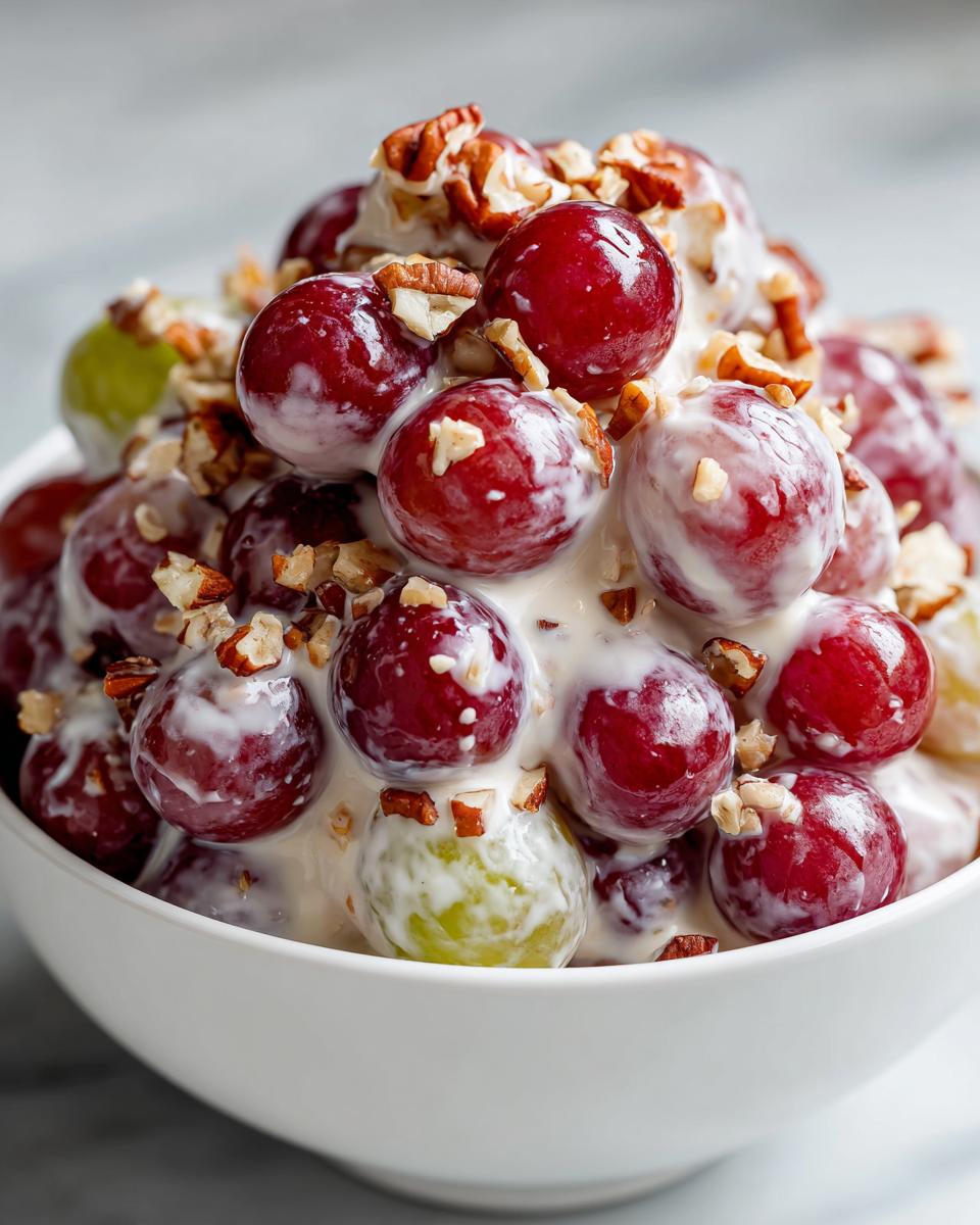 Close-up of creamy chicken salad chick grape salad featuring red and green grapes coated in dressing and topped with pecans.