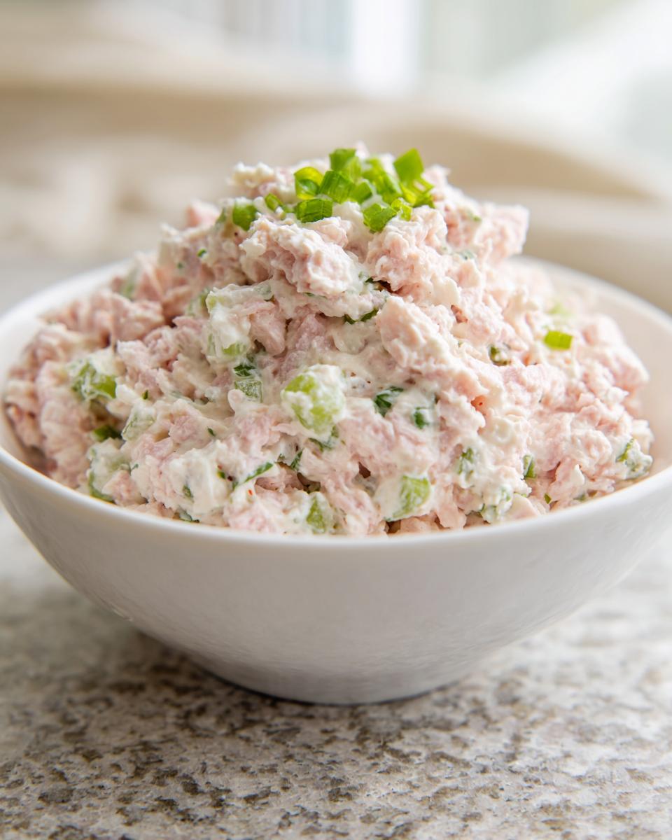 A close-up of a white bowl filled with creamy ham salad mixed with celery and topped with fresh green chives.