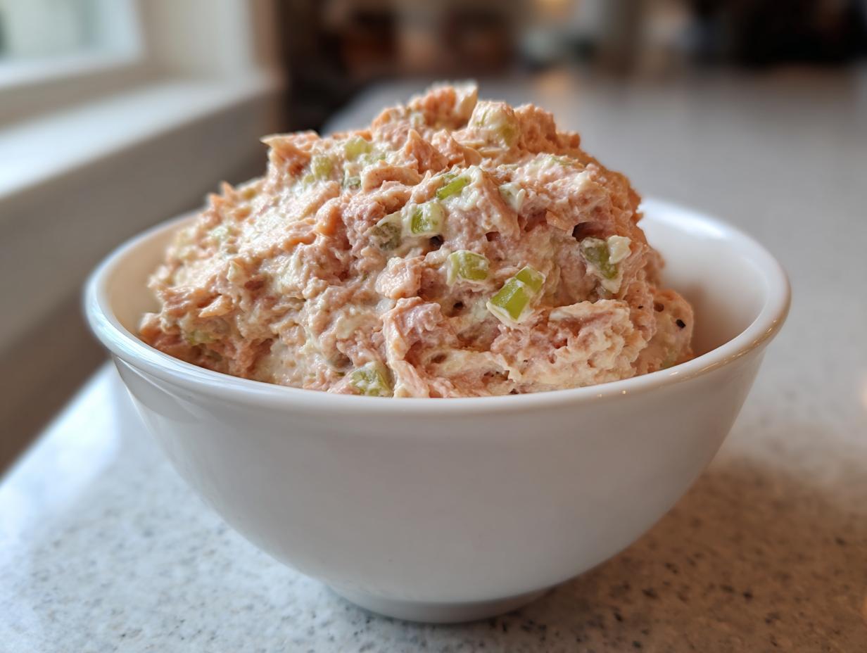 Close-up of creamy, pink ham salad mixed with visible celery chunks, served in a white bowl.