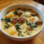 A close-up of a white bowl filled with creamy Italian sausage soup, featuring chunks of potato, sausage pieces, and wilted spinach.