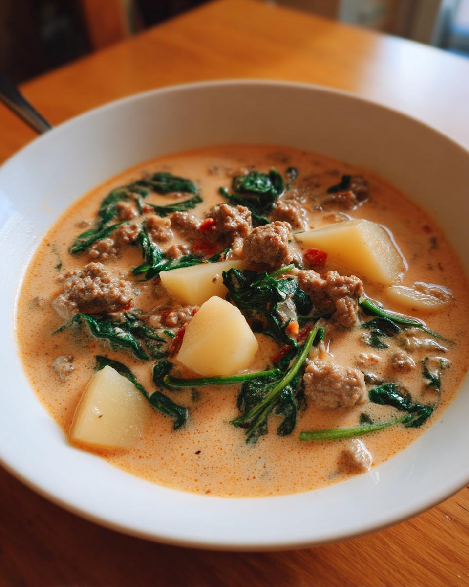 A close-up of a hearty bowl of creamy italian sausage soup featuring chunks of potato and wilted spinach.