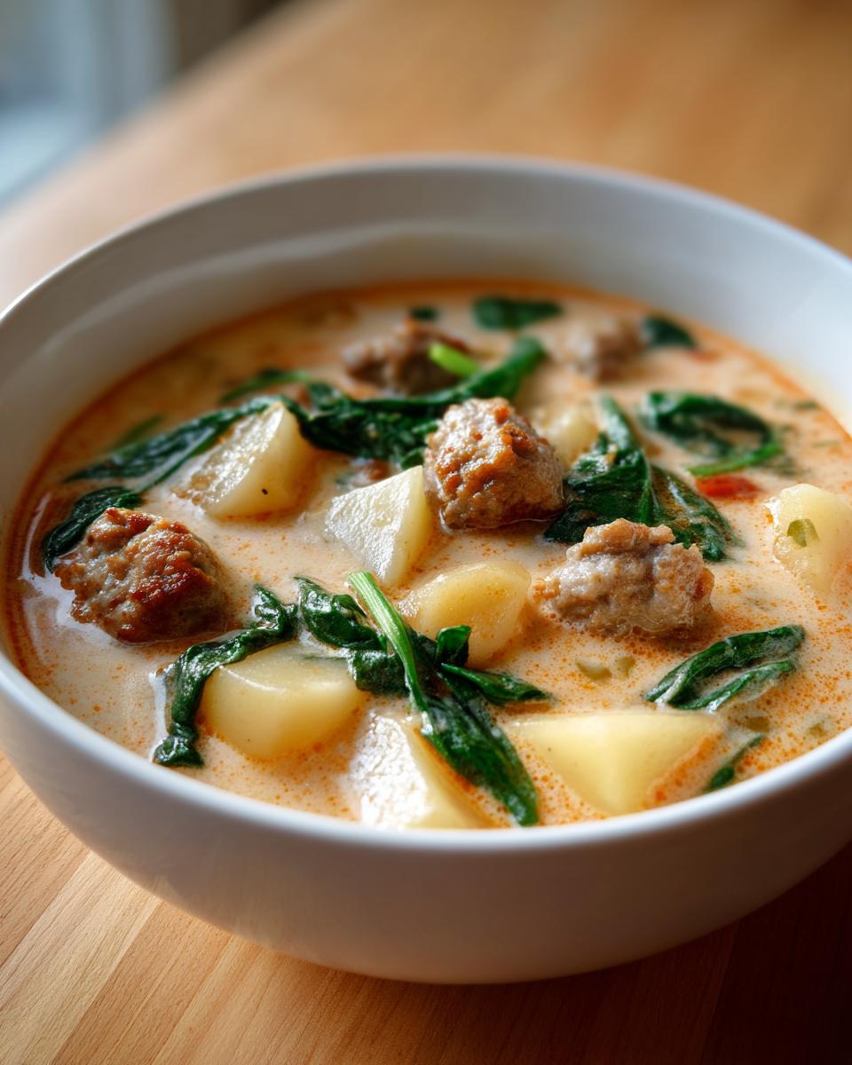 Close-up of a white bowl filled with creamy Italian sausage soup, featuring chunks of sausage, potatoes, and wilted spinach.