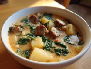 A close-up of a bowl of creamy Italian sausage soup featuring chunks of sausage, potatoes, and wilted spinach.