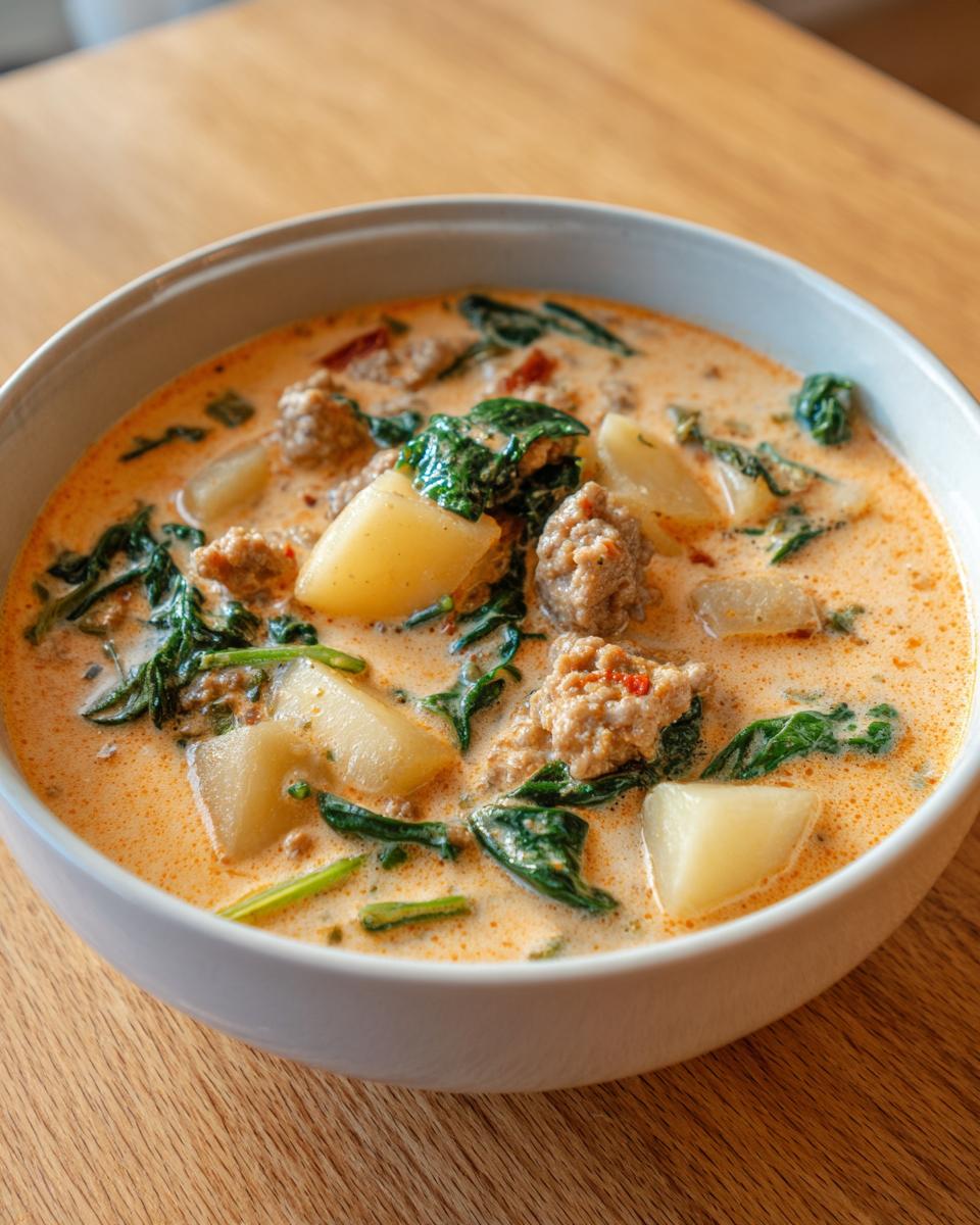 Close-up of a bowl of creamy Italian sausage soup featuring chunks of potato and wilted spinach.
