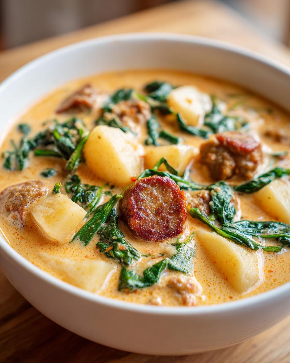 Close-up of a bowl of creamy Italian sausage soup featuring chunks of potato, sausage slices, and wilted spinach.