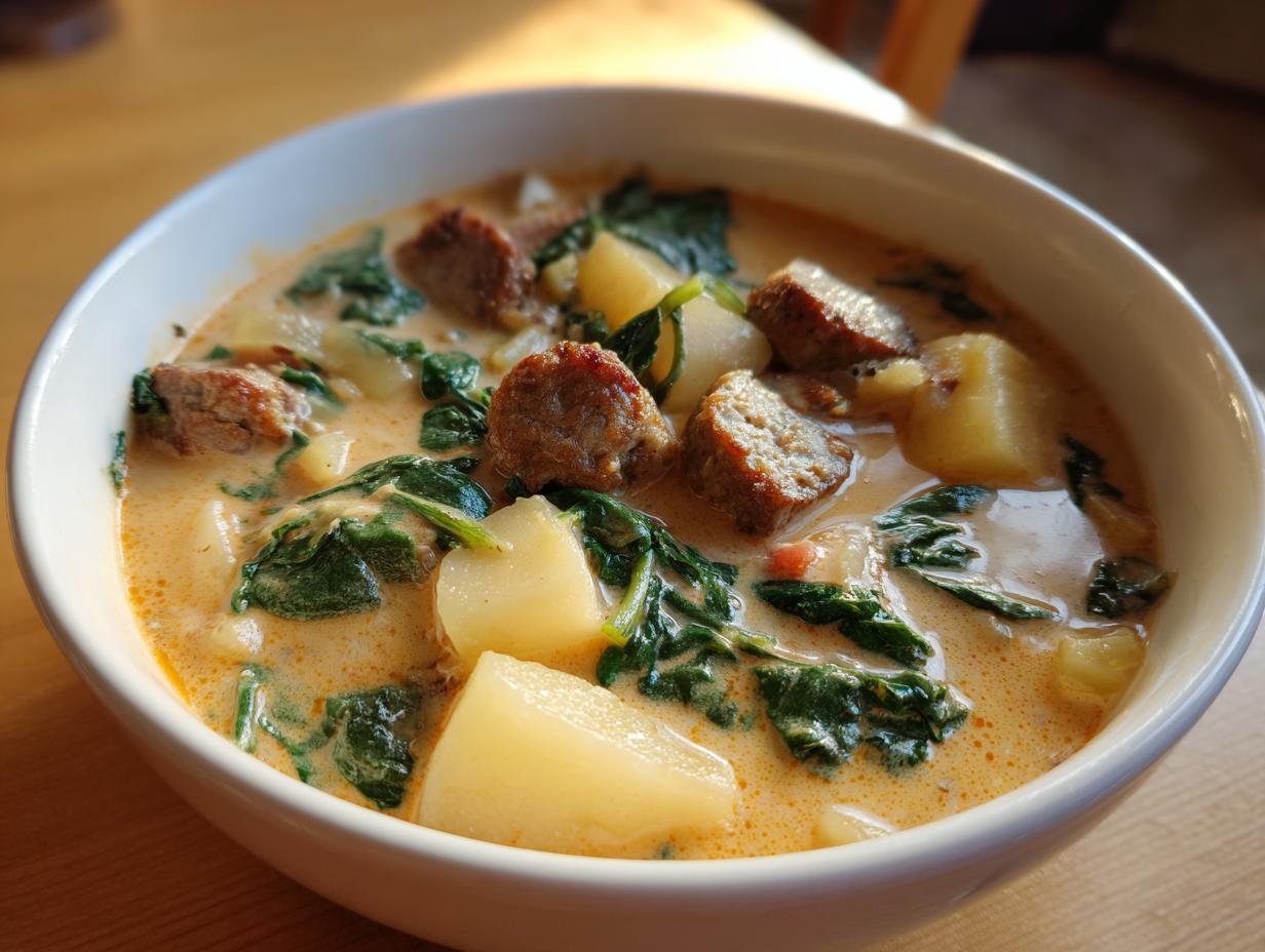 A close-up of a bowl of creamy Italian sausage soup featuring chunks of sausage, potatoes, and wilted spinach.