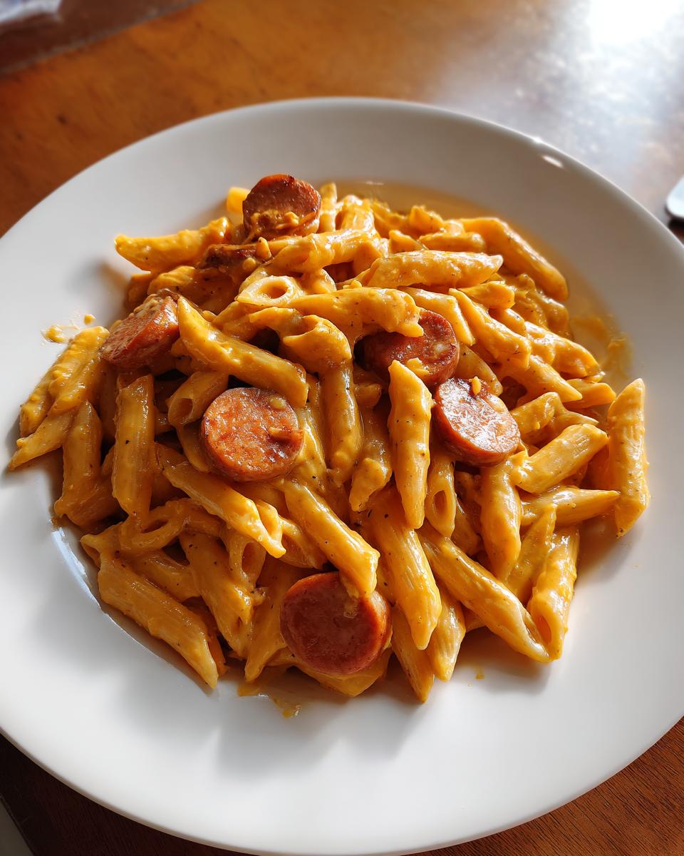 A close-up of creamy kielbasa pasta made with penne, coated in a rich orange sauce, served on a white plate.