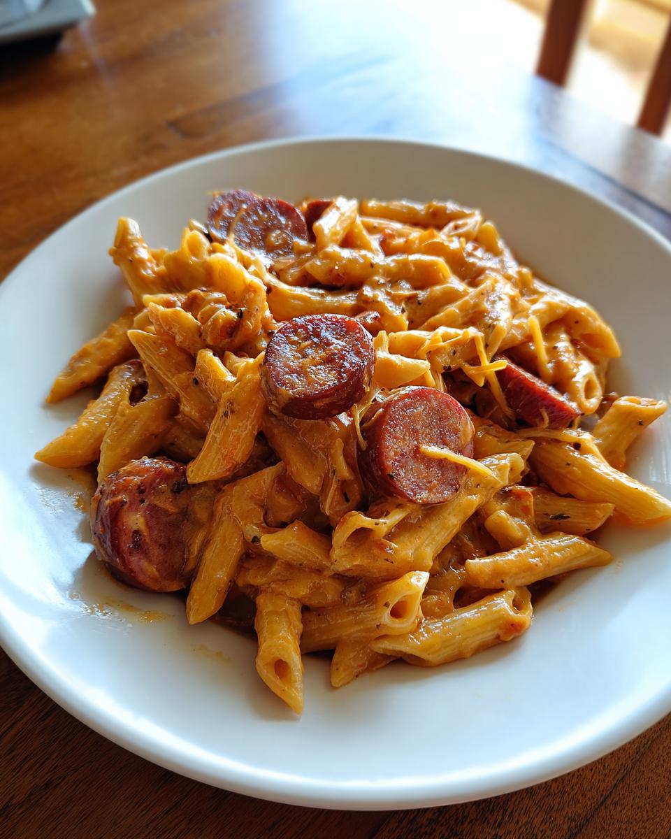 A close-up of creamy kielbasa pasta made with penne, served on a white plate.