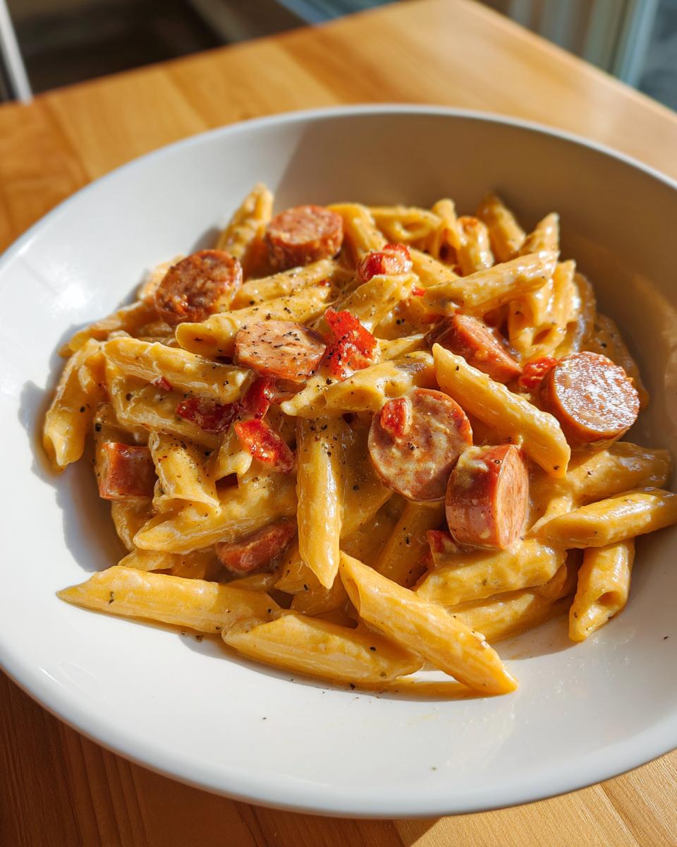 Close-up of creamy kielbasa pasta made with penne, sliced smoked sausage, and red peppers, seasoned with black pepper.
