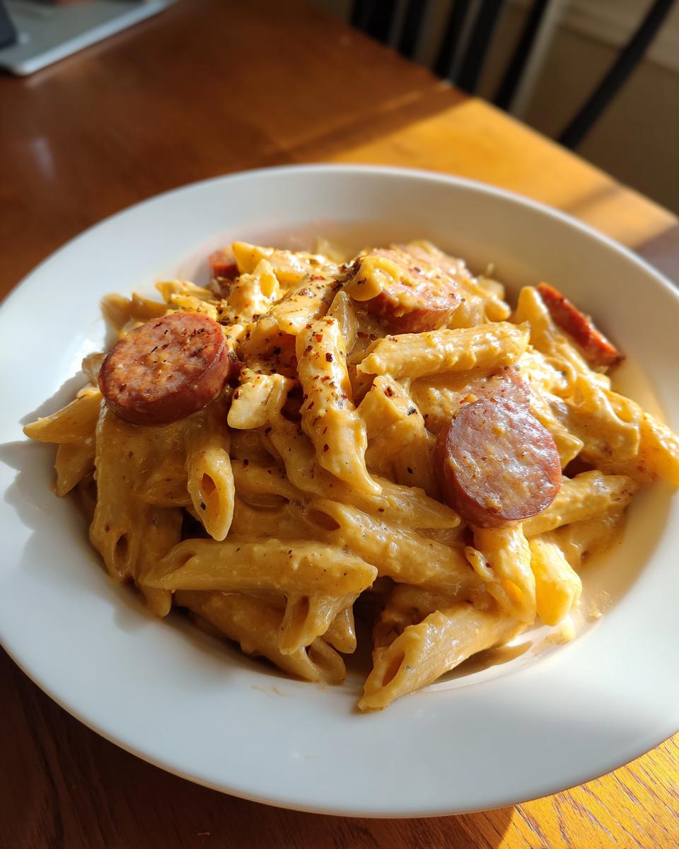 A close-up of creamy kielbasa pasta made with penne, topped with sliced sausage and red pepper flakes.