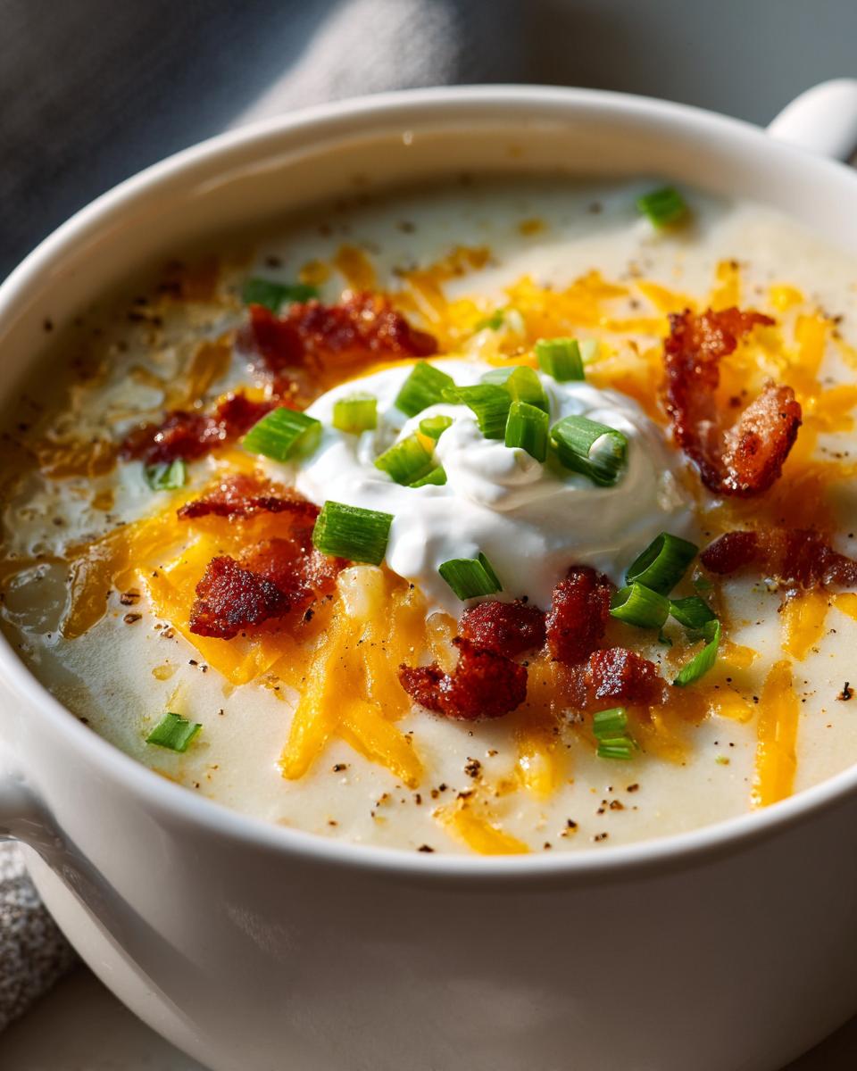 Close-up of a bowl of rich loaded baked potato soup topped with sour cream, shredded cheddar, bacon bits, and chives.