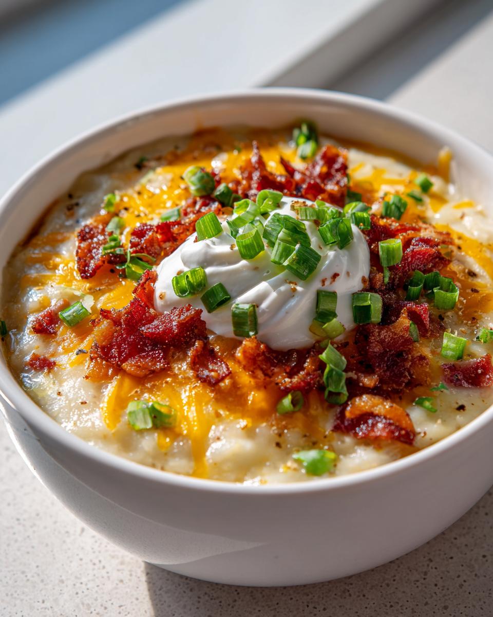 A close-up of a bowl of creamy loaded baked potato soup topped with sour cream, bacon, cheese, and chives.