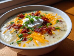 A close-up of creamy loaded baked potato soup topped with cheddar cheese, bacon bits, sour cream, and chives.