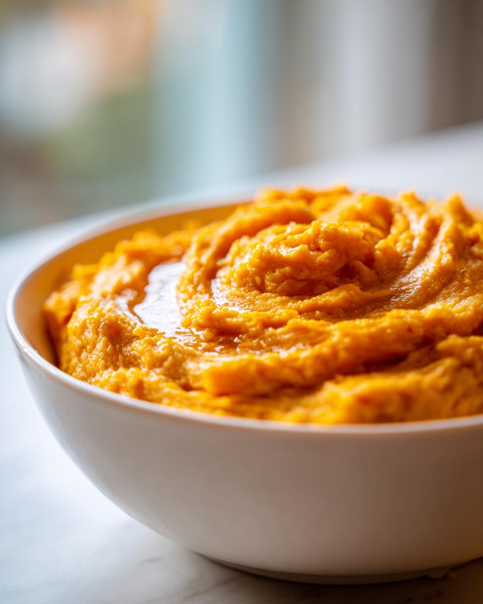 Close-up of creamy, bright orange mashed sweet potatoes swirled in a white serving bowl.