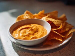 A white bowl filled with creamy, orange nacho cheese sauce surrounded by tortilla chips on a plate.